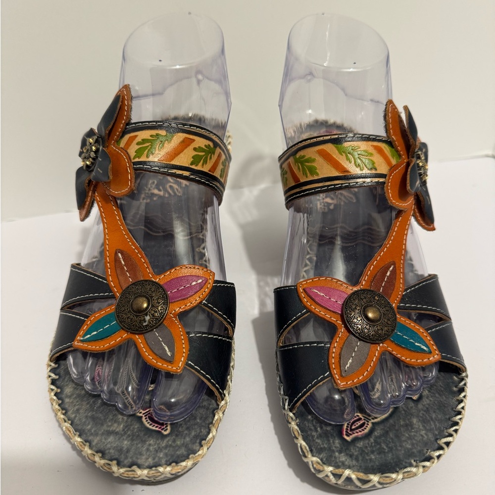 Elite By Corkys Poppy Floral Slip On Sandals Women’s Size 8 Leather Heal Boho